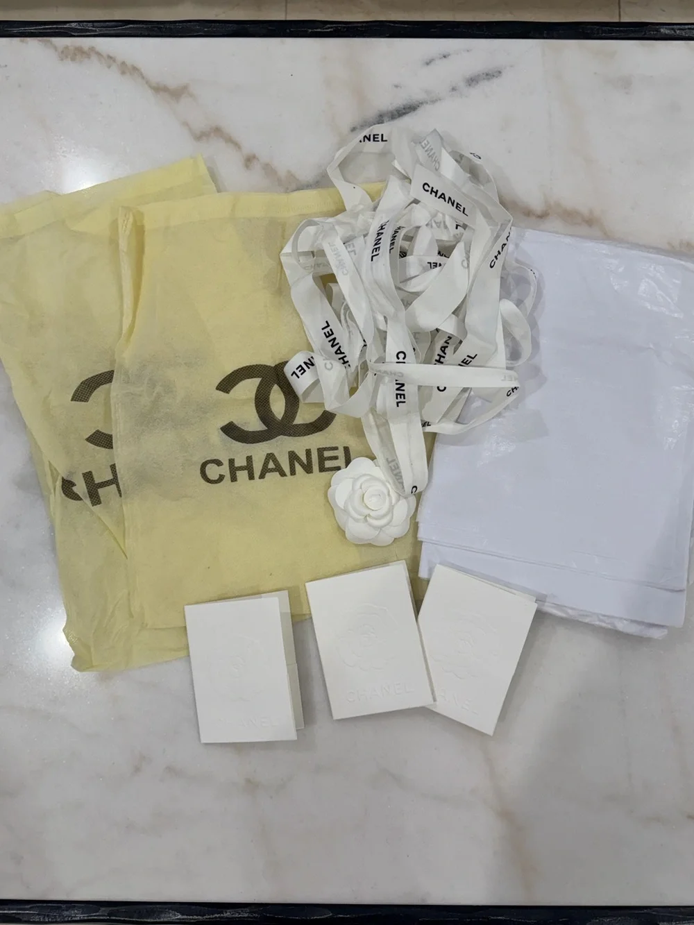 CHANEL White Embossed Camellia Card & Ribbon Gift Set